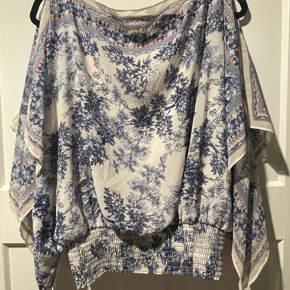 Max Studio Blue and White Floral Off-Shoulder Blouse